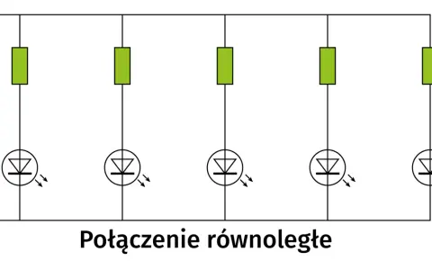 Schemat połączenia równoległego pięciu diod LED, z których każda ma swój rezystor ograniczający prąd.