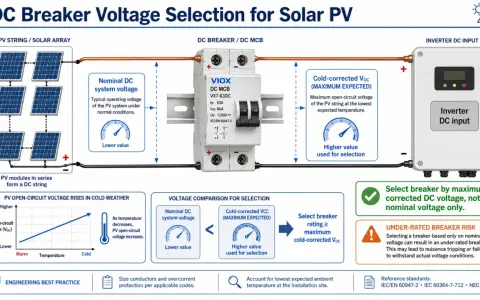 Schemat instalacji PV z widocznym rozłącznikiem DC MCB. Wyjaśnia dobór zabezpieczenia do napięcia, uwzględniając zimowe warunki.