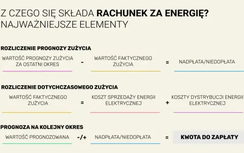 Rozliczenie rachunku za energię: prognoza vs. faktyczne zużycie prądu, koszty dystrybucji i sprzedaży, nadpłata/niedopłata, kwota do zapłaty.