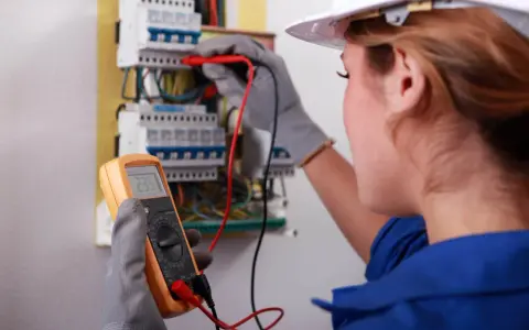 Kobieta w białym kasku i niebieskim kombinezonie wykonuje przegląd instalacji elektrycznej, używając multimetru do pomiaru napięcia.