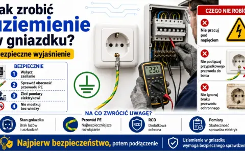Instrukcja bezpiecznego wykonania uziemienia w gniazdku. Sprawdź przewód PE, wyłącz zasilanie i zleć pomiary elektrykowi.