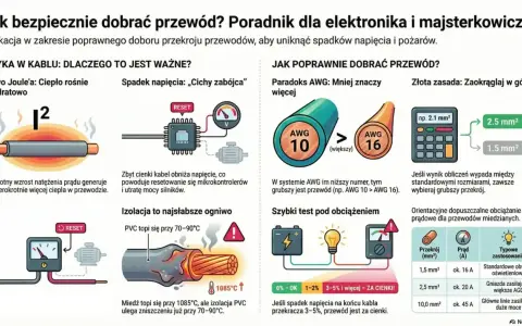 Przewód zbyt cienki powoduje spadki napięcia, przegrzewanie i pożary. Wybieraj grubszy przekrój, by uniknąć problemów.