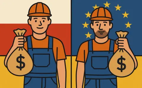 Dwaj pracownicy z workami pieniędzy. Jeden stoi na tle flagi Polski, drugi na tle flagi UE. Porównanie kosztów instalacji elektrycznej.