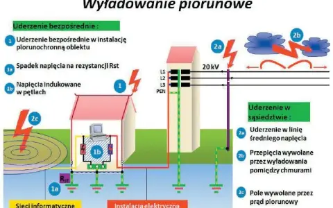 Ilustracja pokazuje skutki uderzeń piorunów i sposoby zabezpieczenia przeciwprzepięciowego instalacji elektrycznej.