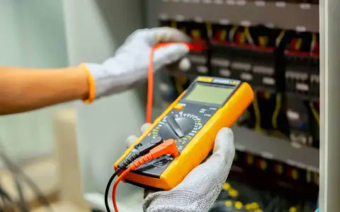 Elektryk sprawdza instalację multimetrem. Poznaj wymiana instalacji elektrycznej koszt i dowiedz się, jak uniknąć nieprzewidzianych wydatków.