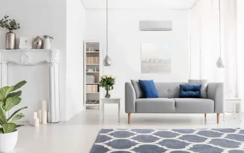 Nowoczesny salon z klimatyzacją w trybie funkcja dry, szara kanapa, kominek, regał i dywan.