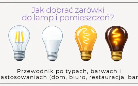 Cztery żarówki: LED filament, nowoczesna LED, tradycyjna żarowa i ozdobna. Przewodnik po doborze oświetlenia, np. do salonu Polux.