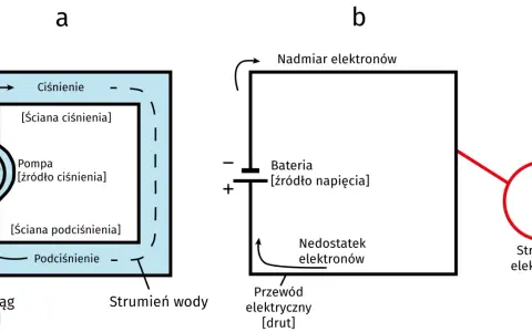 Porównanie analogii: pompa tworzy ciśnienie wody, bateria generuje napięcie prądu, powodując przepływ elektronów.