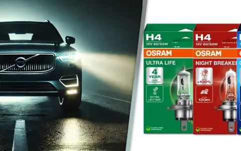 Ciemny samochód z włączonymi światłami pozycyjnymi na mokrej drodze. Obok opakowania żarówek OSRAM H4: Ultra Life, Night Breaker, Cool Blue Intense.