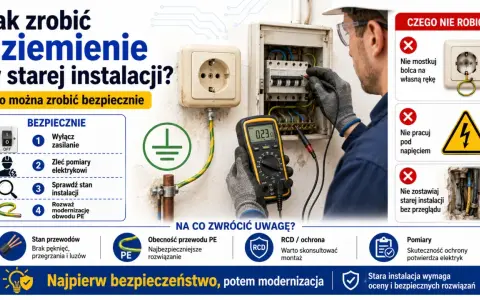 Elektryk sprawdza uziemienie w starej instalacji multimetrem. Poradnik: jak zrobić uziemienie w starej instalacji bezpiecznie.