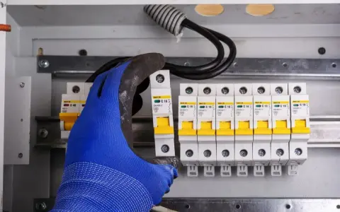 Ręka w niebieskiej rękawicy montuje bezpiecznik w skrzynce elektrycznej. Obok widać rząd innych bezpieczników i przewody. To ważny element instalacji, chroniący przed skutkami wyładowań, jak odgromnik.