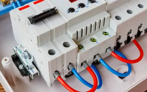 Montaż ogranicznika przepięć. Widoczne białe moduły elektryczne z czerwonymi i niebieskimi przewodami, gotowe do podłączenia.