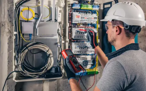 Elektryk z multimetrem sprawdza instalację elektryczną, dbając o kompensację mocy biernej.