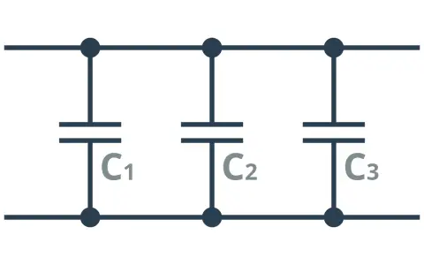 Schemat obwodu elektrycznego z trzema kondensatorami C1, C2, C3 połączonymi równolegle.