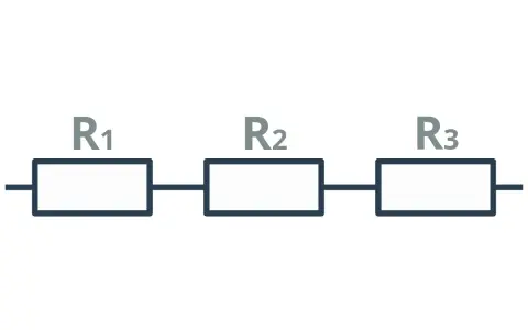 Schemat obwodu elektrycznego z trzema rezystorami R1, R2, R3 połączonymi szeregowo.