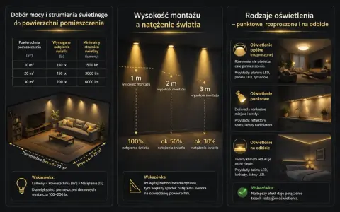 Dobór oświetlenia: 10 m² potrzebuje 1500 lm (150 lx), 20 m² - 3000 lm (150 lx), 30 m² - 6000 lm (200 lx).