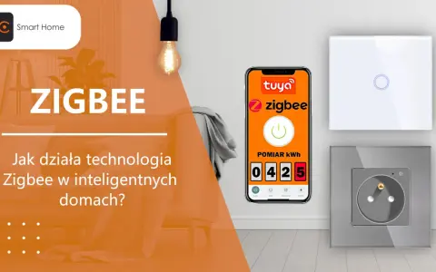 ZIGBEE to technologia dla inteligentnych domów. Na ekranie telefonu widać aplikację Tuya z pomiarem kWh, obok włącznik światła i gniazdko.