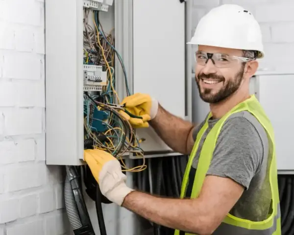 Uśmiechnięty elektryk w kasku i kamizelce pracuje nad instalacją elektryczną w domu, dbając o bezpieczeństwo i porządek.