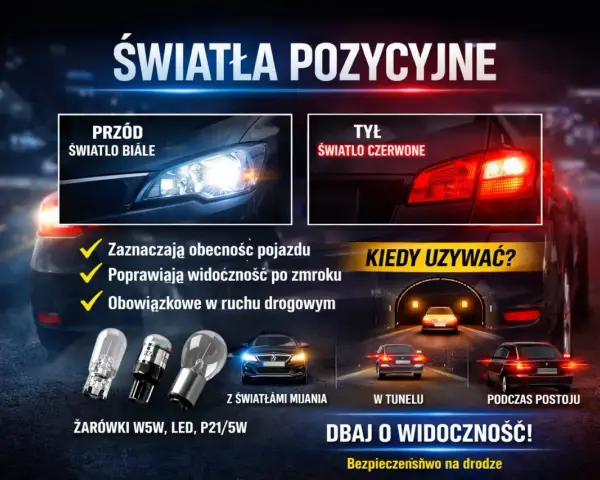Światła postojowe: białe z przodu, czerwone z tyłu. Zwiększają widoczność w nocy i w tunelu. Bezpieczeństwo na drodze.