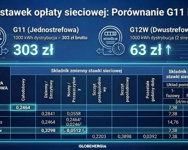 Porównanie taryfy urzędowej za prąd G11 (303 zł) i G12w (63 zł). Tabela pokazuje stawki zmienne i stałe dla różnych grup taryfowych.