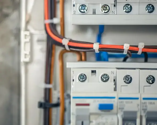 Nowoczesna instalacja elektryczna bezpuszkowa z uporządkowanymi przewodami w skrzynce rozdzielczej.