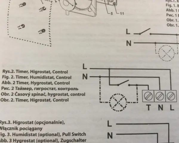 Schemat pokazuje, jak podłączyć wentylator łazienkowy z timerem i higrostatem. Linie L i N oznaczają zasilanie.