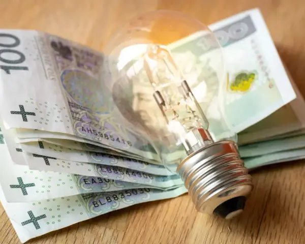 Żarówka na stosie banknotów 100 zł. Symbolizuje wysokie koszty energii i potrzebę wsparcia, np. dodatek energetyczny.