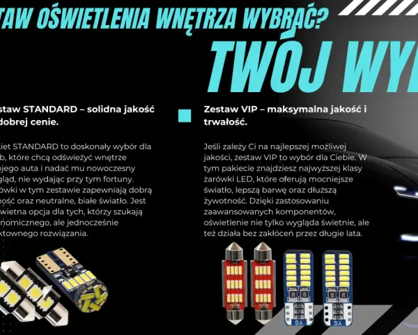 Zestawy żarówek LED do wnętrza auta: STANDARD i VIP. Wybierz swoje idealne światła drogowe dla nowoczesnego wyglądu i komfortu.
