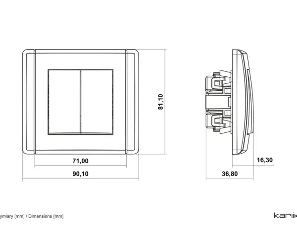 Rysunek techniczny przedstawia łącznik dwubiegunowy z dwoma klawiszami, z wymiarami 90,10 x 81,10 mm.