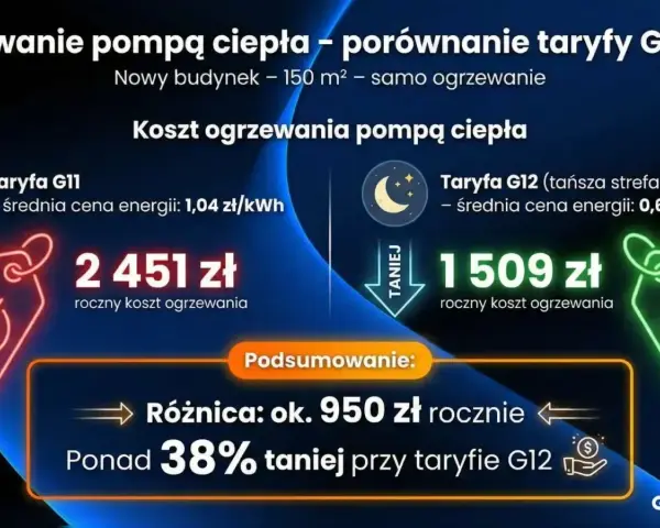 Porównanie kosztów ogrzewania pompą ciepła: taryfa G11 to 2451 zł rocznie, a taryfa G12 to 1509 zł. Oszczędność ponad 38%!