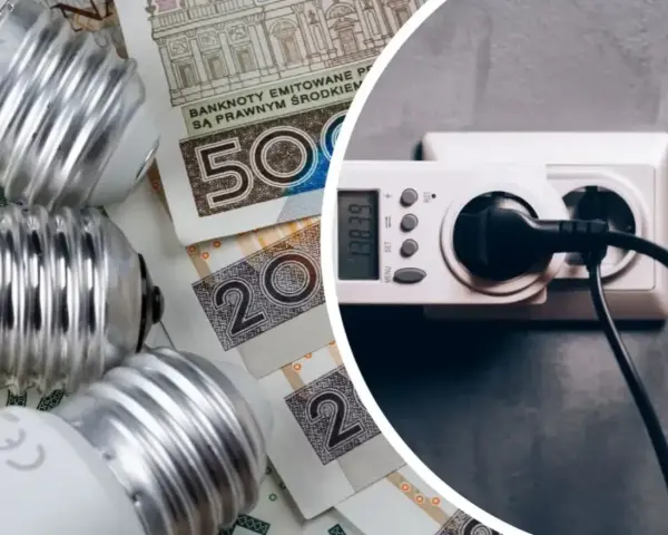 Żarówki i polskie banknoty obok licznika energii. Jakie będzie średnie zużycie prądu 2 osoby?