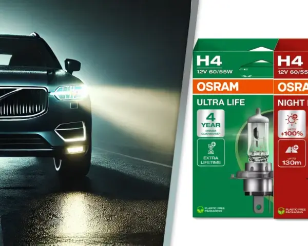 Ciemny samochód z włączonymi światłami pozycyjnymi na mokrej drodze. Obok opakowania żarówek OSRAM H4: Ultra Life, Night Breaker, Cool Blue Intense.
