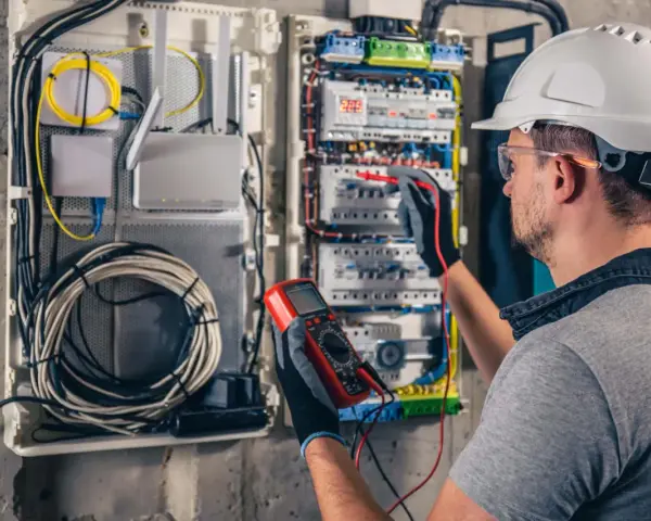 Elektryk z multimetrem sprawdza instalację elektryczną, dbając o kompensację mocy biernej.
