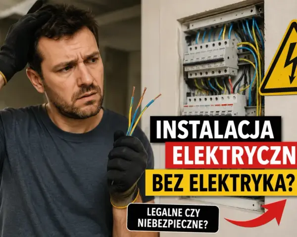 Zastanawiasz się nad instalacją elektryczną i ceną robocizny? Mężczyzna z przewodami w ręku i rozdzielnicą elektryczną w tle.