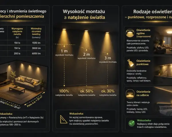 Dobór oświetlenia: 10 m² potrzebuje 1500 lm (150 lx), 20 m² - 3000 lm (150 lx), 30 m² - 6000 lm (200 lx).