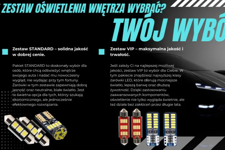 Zestawy żarówek LED do wnętrza auta: STANDARD i VIP. Wybierz swoje idealne światła drogowe dla nowoczesnego wyglądu i komfortu.