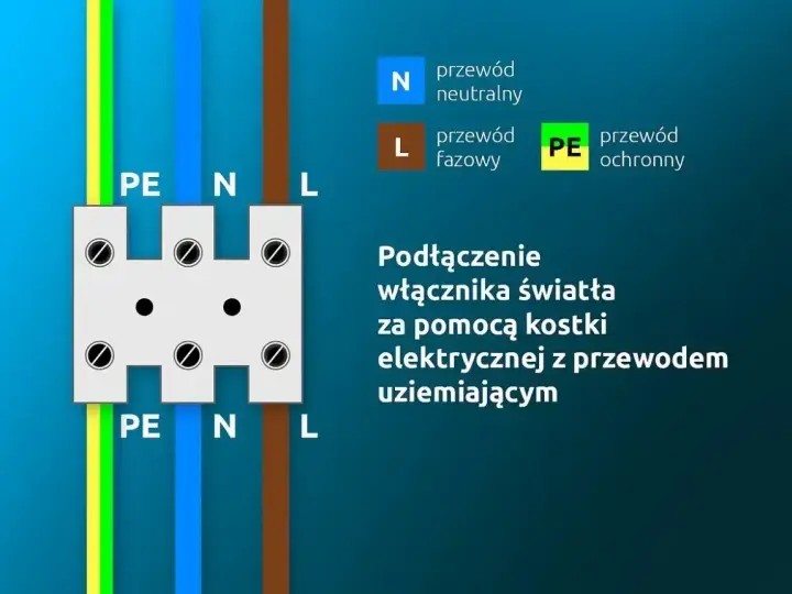 Schemat podłączenia lampy i włącznika światła za pomocą kostki elektrycznej z przewodem uziemiającym. Pokazuje przewody PE, N, L.