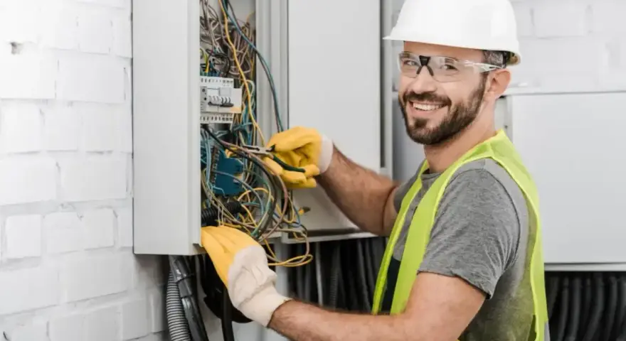 Uśmiechnięty elektryk w kasku i kamizelce pracuje nad instalacją elektryczną w domu, dbając o bezpieczeństwo i porządek.
