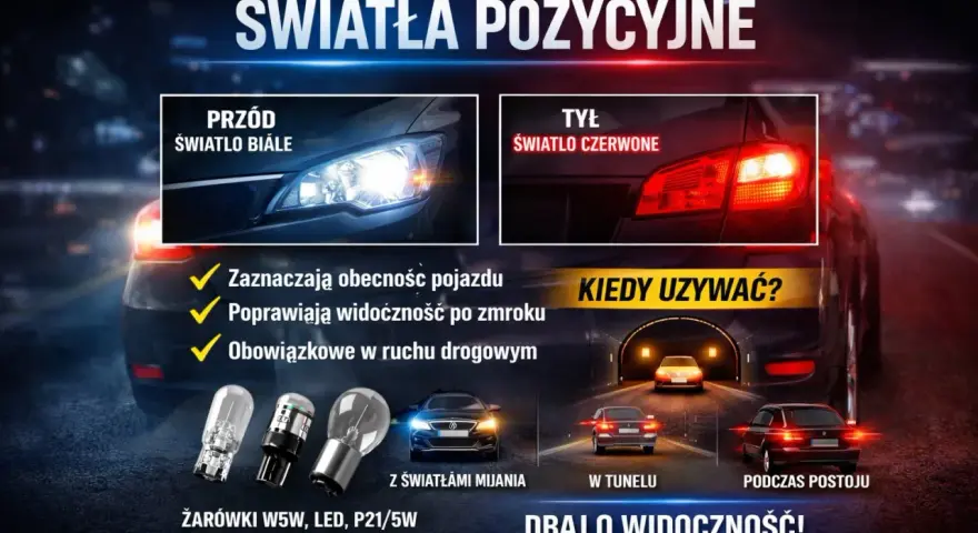 Światła postojowe: białe z przodu, czerwone z tyłu. Zwiększają widoczność w nocy i w tunelu. Bezpieczeństwo na drodze.