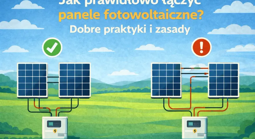 Ilustracja pokazuje prawidłowe i nieprawidłowe łączenie paneli fotowoltaicznych. Po lewej poprawny schemat z zielonym zaznaczeniem, po prawej błąd z czerwonym wykrzyknikiem.