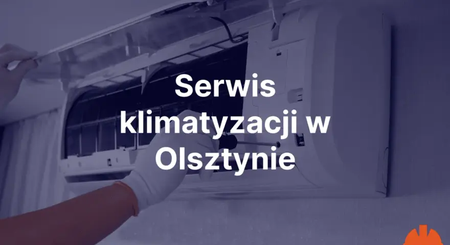 Ręka w białej rękawiczce naprawia klimatyzację. Napis: Serwis klimatyzacji w Olsztynie.