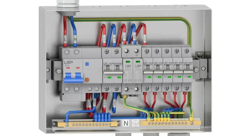 Wnętrze metalowej obudowy elektrycznej z wyłącznikami i przewodami. Widać bezpieczniki, listwy zaciskowe i oznaczenia L, N, PE. To profesjonalny rbk.