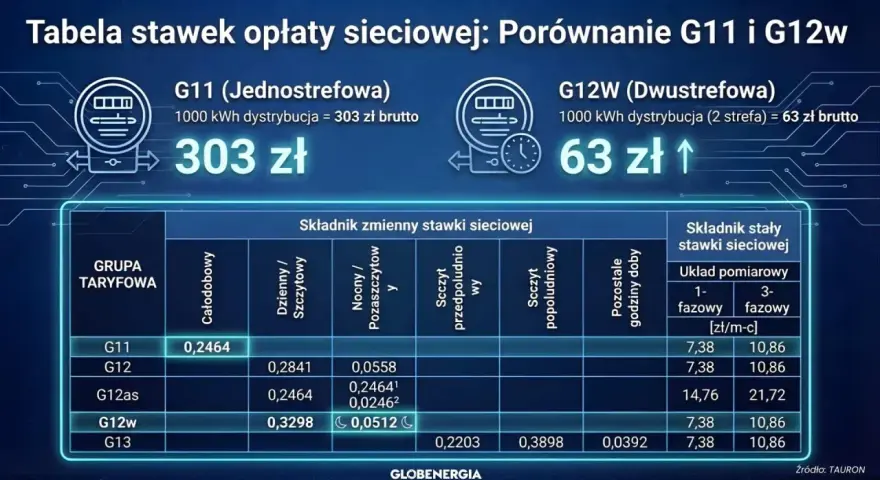 Porównanie taryfy urzędowej za prąd G11 (303 zł) i G12w (63 zł). Tabela pokazuje stawki zmienne i stałe dla różnych grup taryfowych.