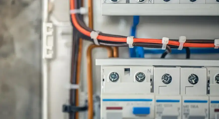 Nowoczesna instalacja elektryczna bezpuszkowa z uporządkowanymi przewodami w skrzynce rozdzielczej.