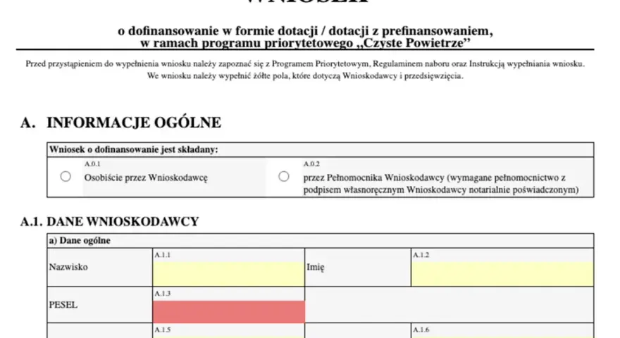 Formularz wniosku o dofinansowanie, sekcja "Dane Wnioskodawcy" zawiera pola na nazwisko, PESEL i dane kontaktowe.