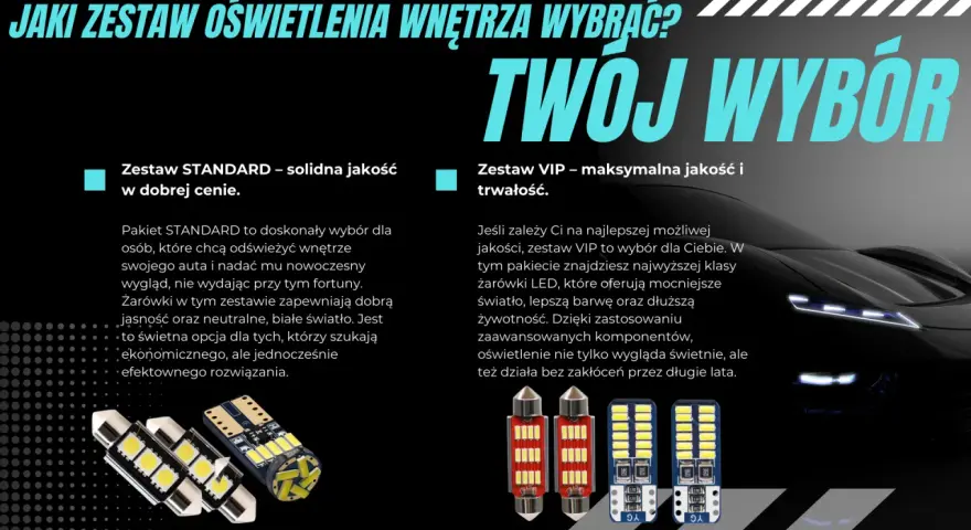 Zestawy żarówek LED do wnętrza auta: STANDARD i VIP. Wybierz swoje idealne światła drogowe dla nowoczesnego wyglądu i komfortu.