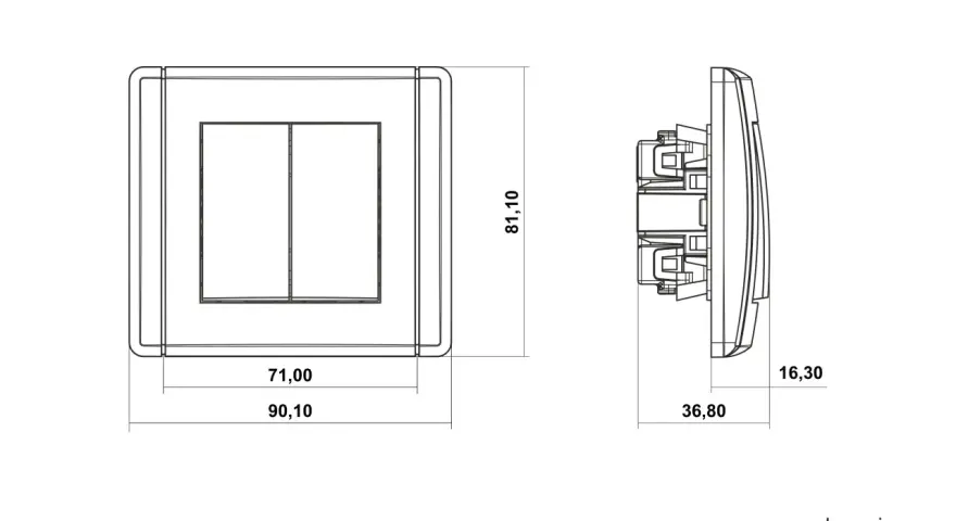 Rysunek techniczny przedstawia łącznik dwubiegunowy z dwoma klawiszami, z wymiarami 90,10 x 81,10 mm.
