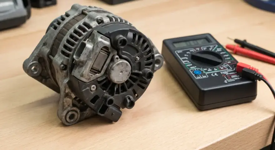 Uszkodzony regulator napięcia objawy: alternator i multimetr na drewnianym stole.