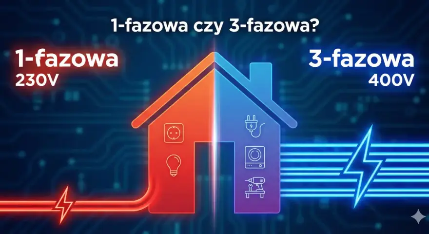 Dom podzielony na 1-fazową (230V) i 3-fazową (400V) instalację elektryczną. Co to jest faza? To sposób doprowadzenia prądu.