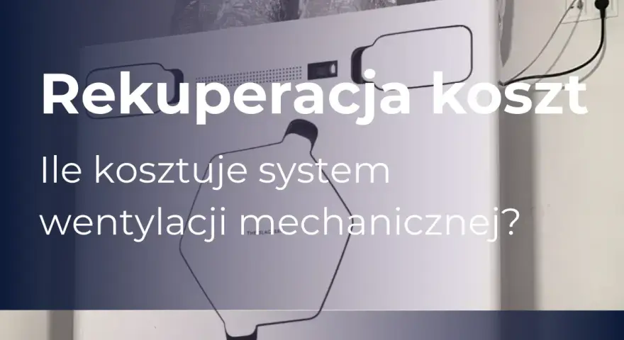 Rekuperacja koszt: ile kosztuje system wentylacji mechanicznej? Białe urządzenie z przewodami i tekstem.